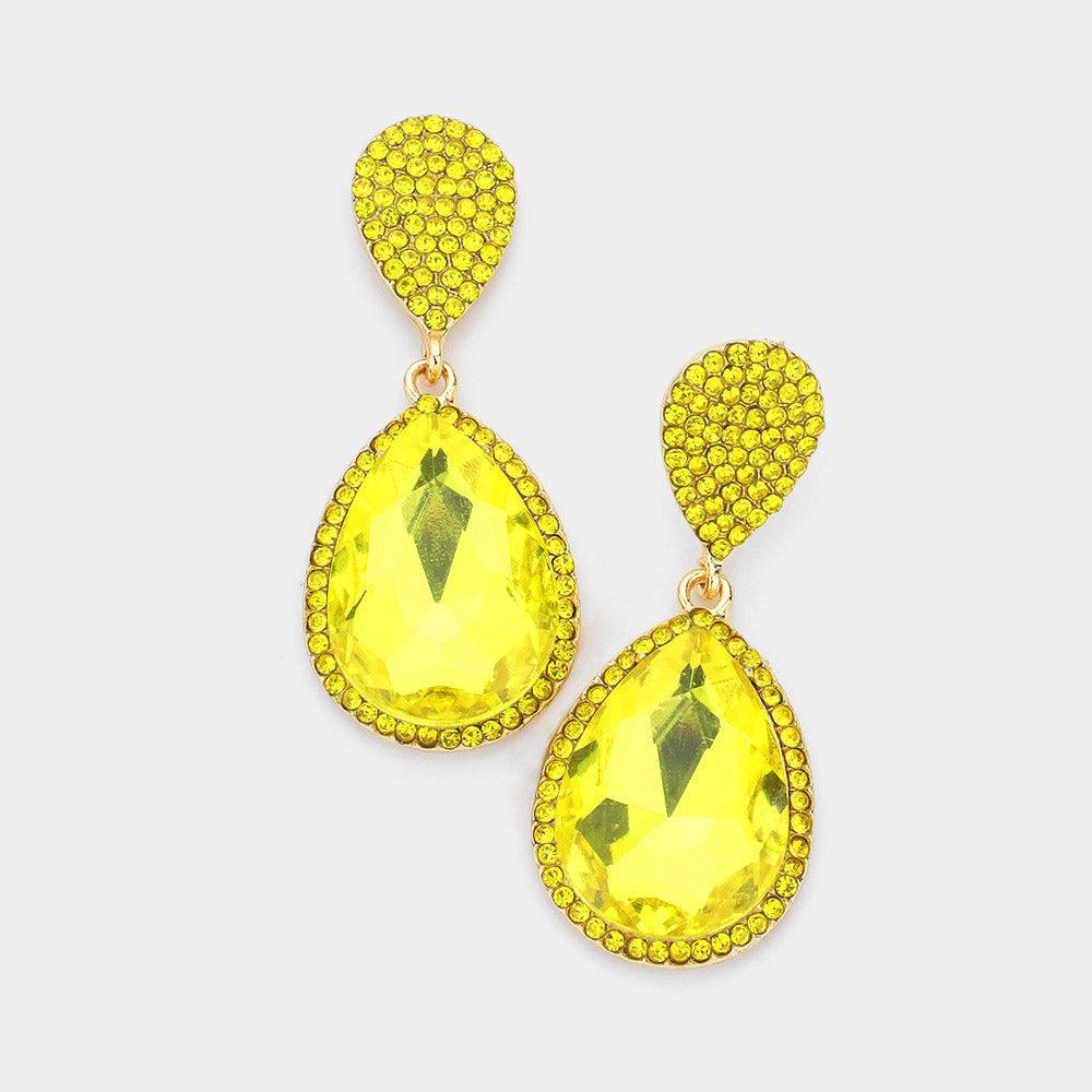 Yellow Glass Crystal Teardrop Rhinestone Trim Evening Earrings