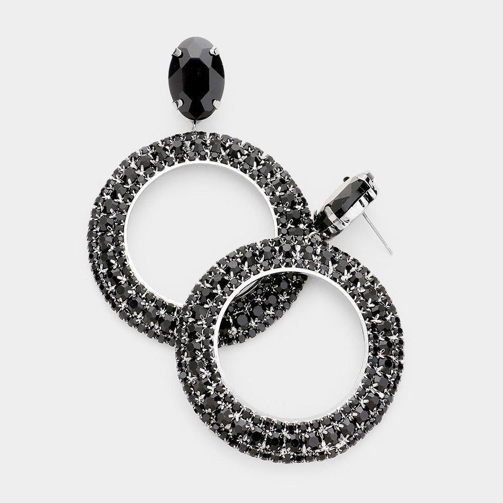 Black Crystal Rhinestone Open Circle Dangle Evening Earrings - Jewelry Store by Erik Rayo