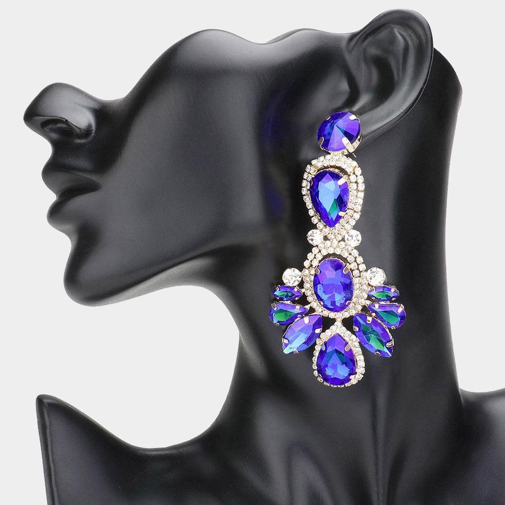 Blue Crystal Rhinestone Pave Drop Evening Earrings - Jewelry Store by Erik Rayo