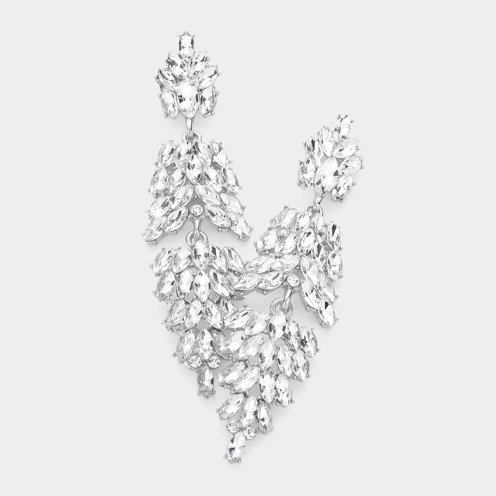 Silver Marquise Crystal Cluster Drop Evening Earrings