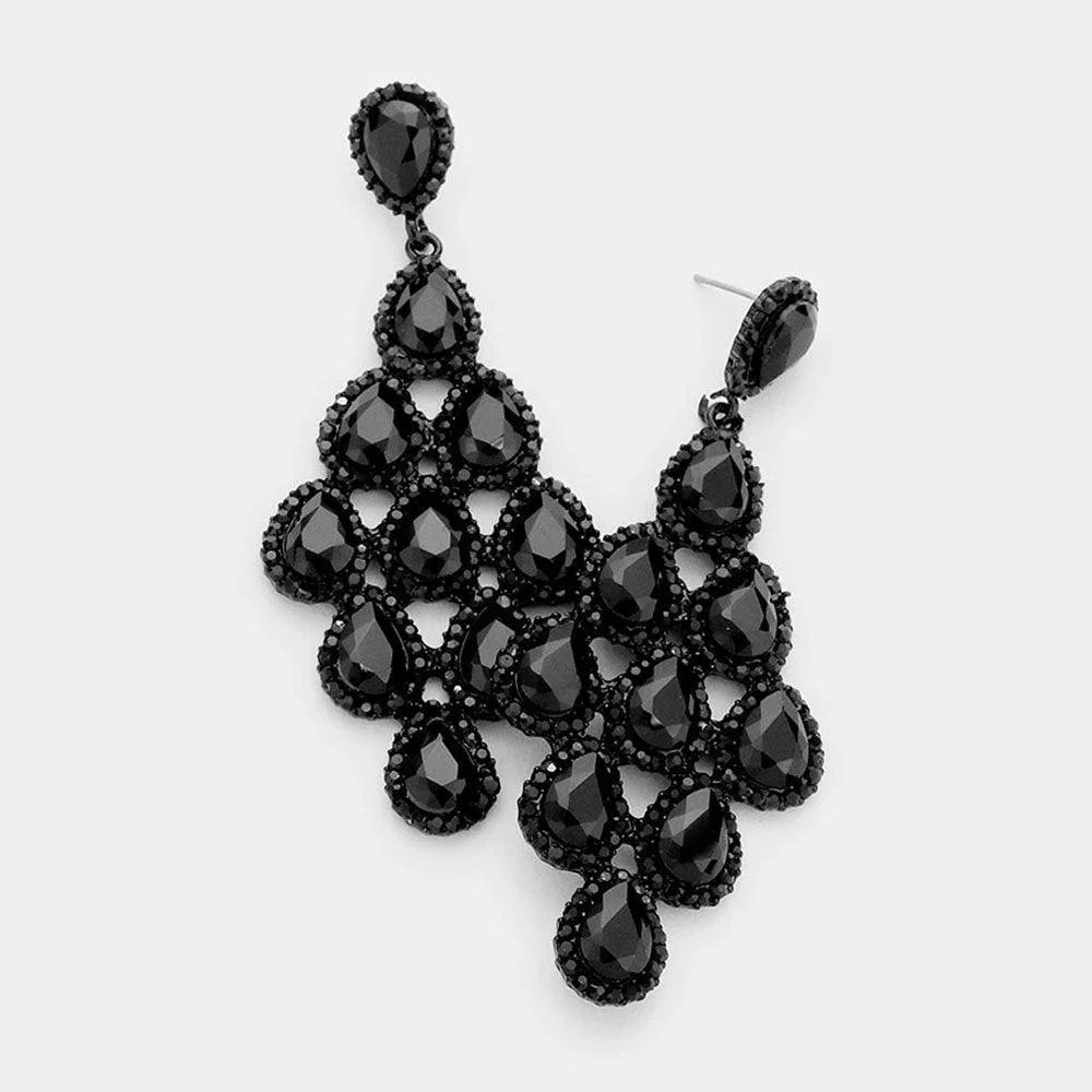 Black Rhinestone Trim Teardrop Cluster Vine Evening Earrings - Jewelry Store by Erik Rayo