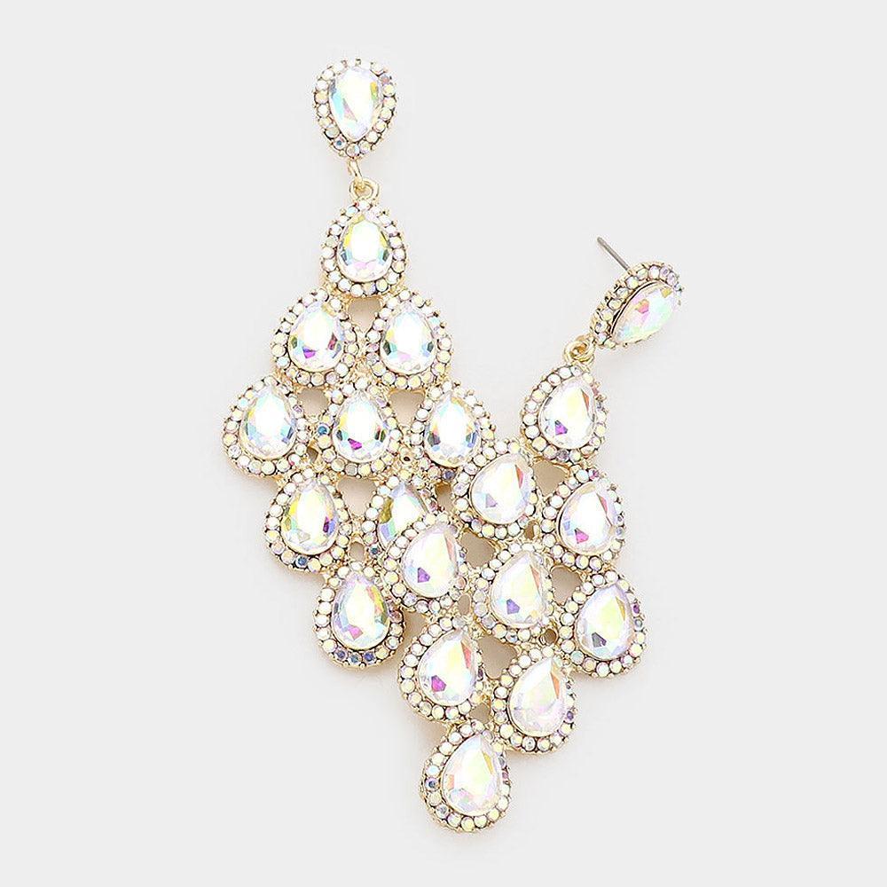 Gold Rhinestone Trim Teardrop Cluster Vine Evening Earrings - Jewelry Store by Erik Rayo