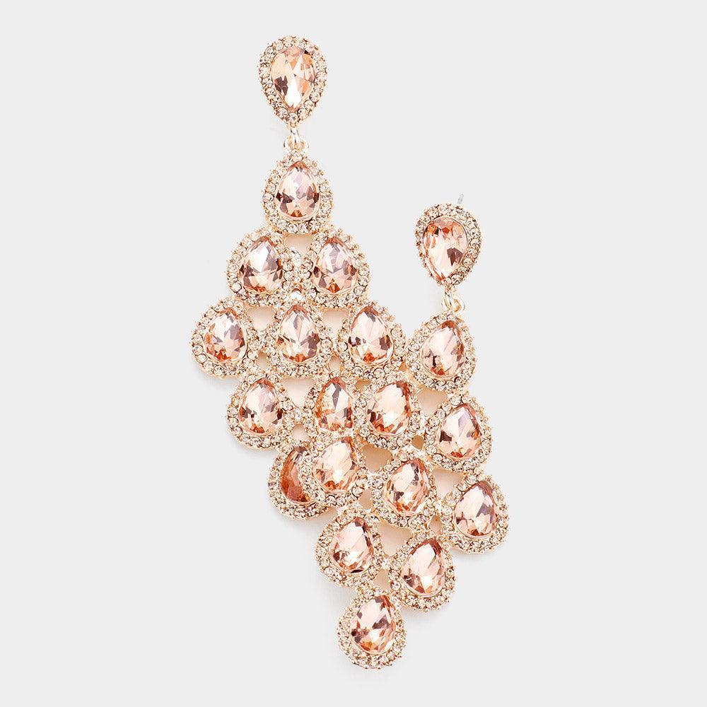 Peach Rhinestone Trim Teardrop Cluster Vine Evening Earrings - Jewelry Store by Erik Rayo