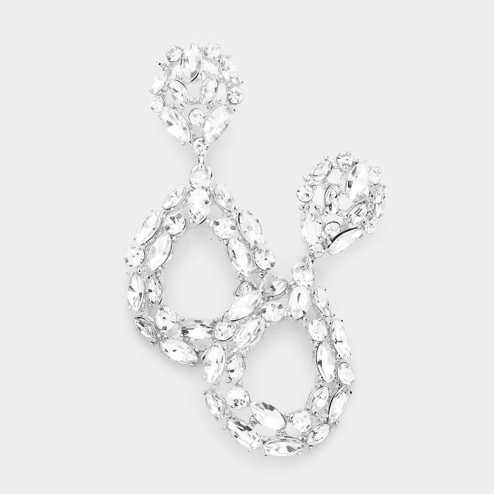 Silver Marquise Round Stone Cluster Open Teardrop Evening Earrings - Jewelry Store by Erik Rayo