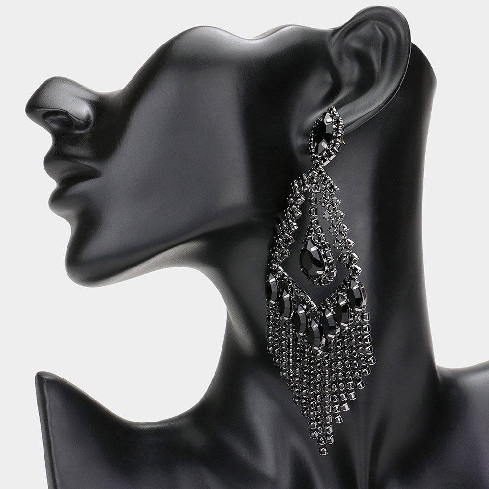 Black Teardrop Crystal Rhinestone Chandelier Evening Earrings