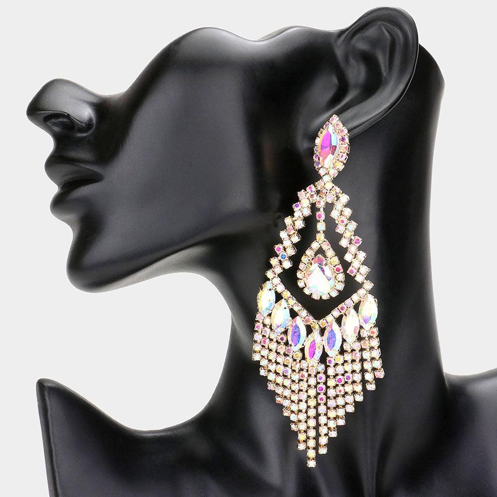 Gold Teardrop Crystal Rhinestone Chandelier Evening Earrings