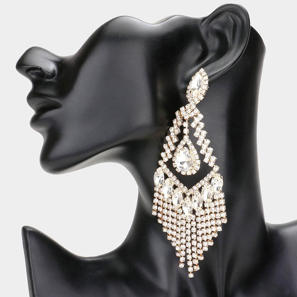 Gold Teardrop Crystal Rhinestone Chandelier Evening Earrings