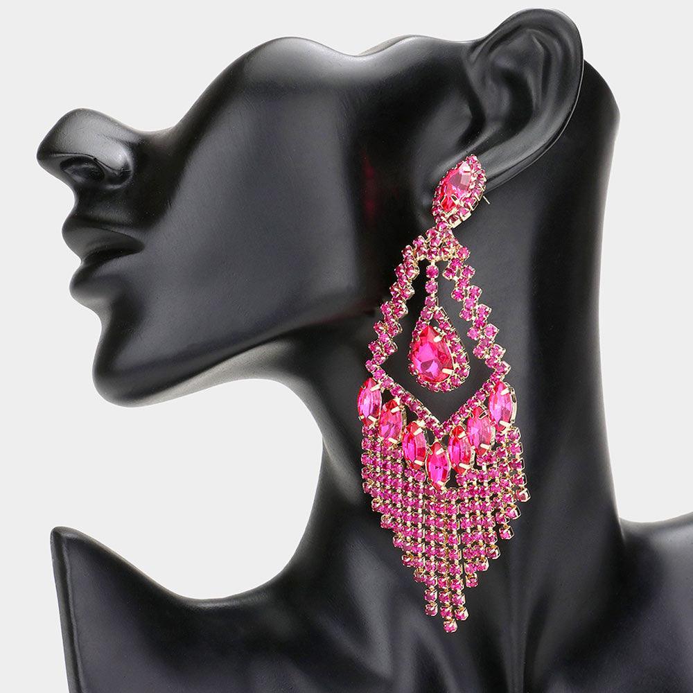 Fuchsia Teardrop Crystal Rhinestone Chandelier Evening Earrings