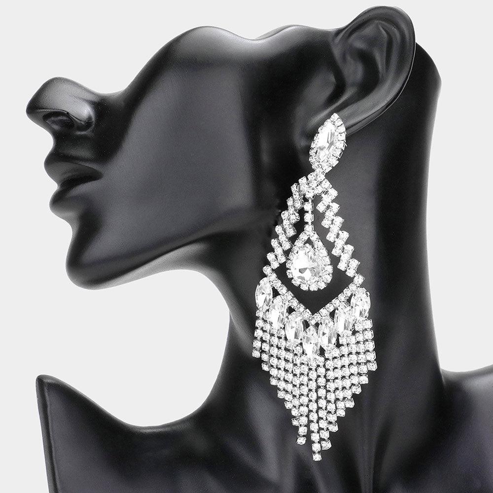 Silver Teardrop Crystal Rhinestone Chandelier Evening Earrings