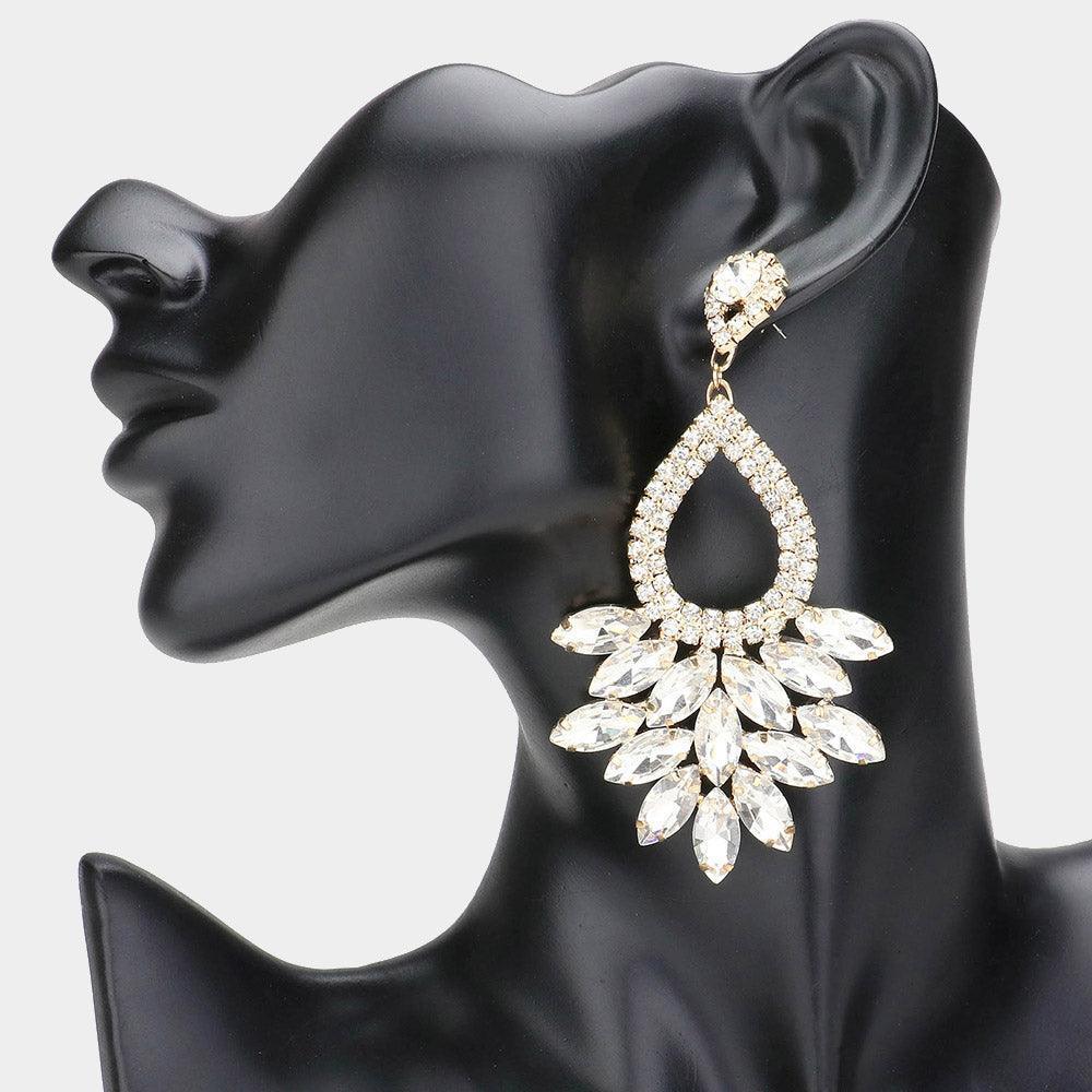 Gold Marquise Crystal Cluster Rhinestone Evening Dangle Earrings - Jewelry Store by Erik Rayo