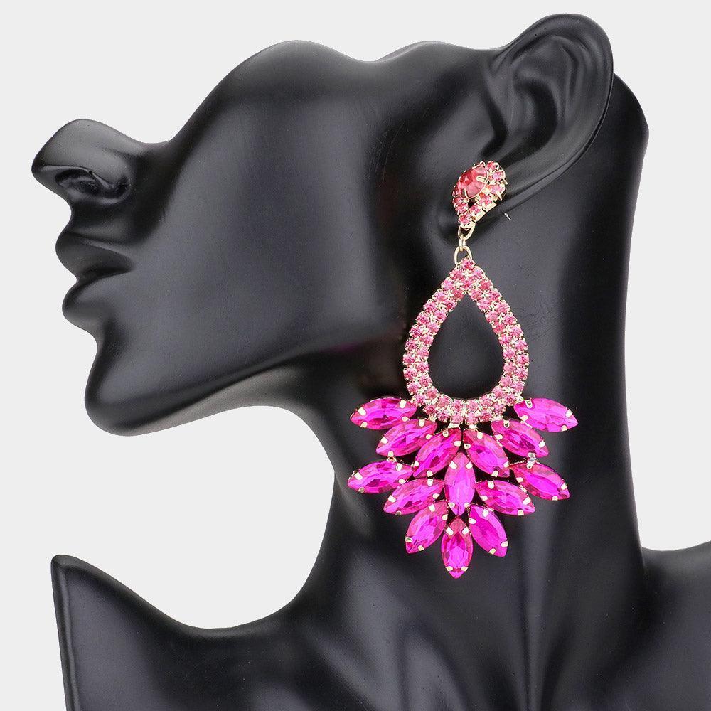 Red Marquise Crystal Cluster Rhinestone Evening Dangle Earrings - Jewelry Store by Erik Rayo