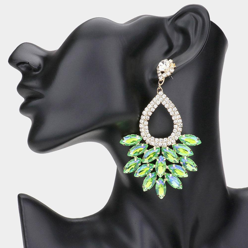 Green Marquise Crystal Cluster Rhinestone Evening Dangle Earrings - Jewelry Store by Erik Rayo