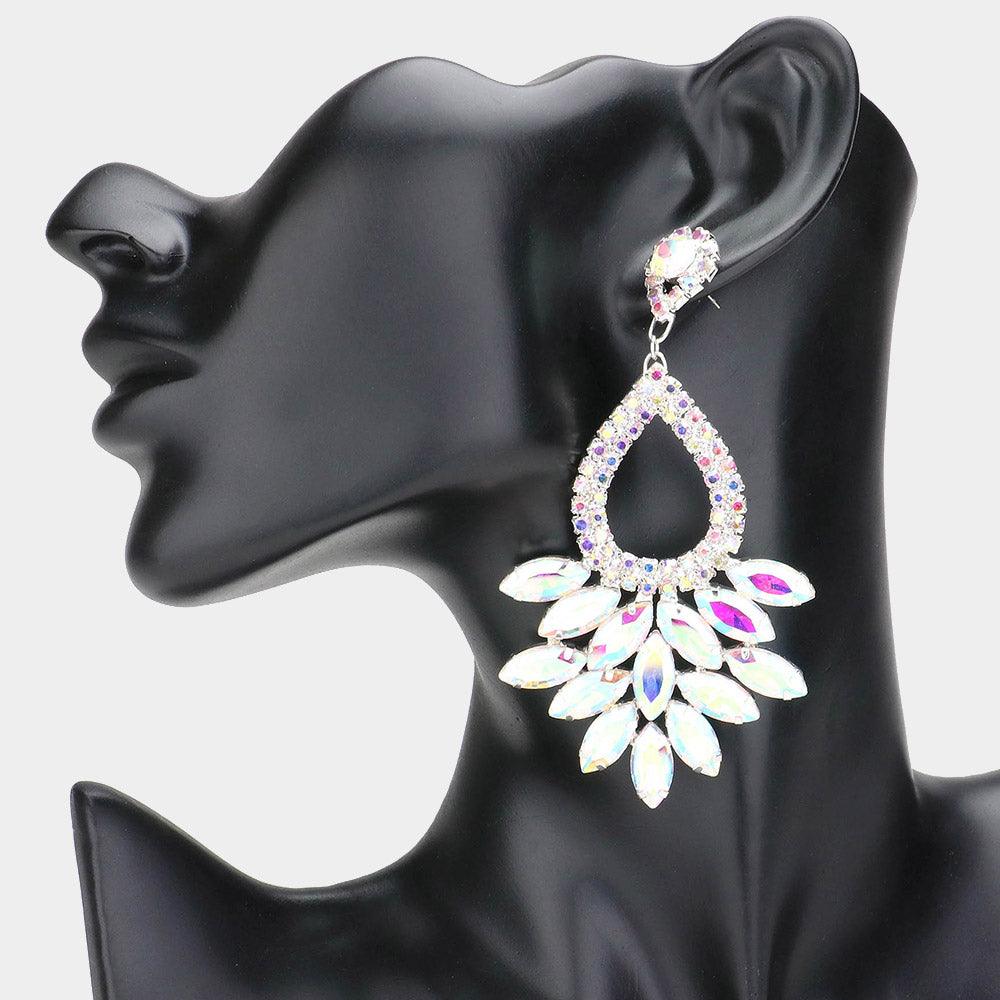 Silver Marquise Crystal Cluster Rhinestone Evening Dangle Earrings