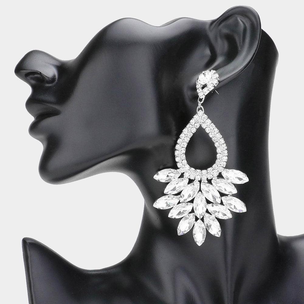 Silver Marquise Crystal Cluster Rhinestone Evening Dangle Earrings - Jewelry Store by Erik Rayo