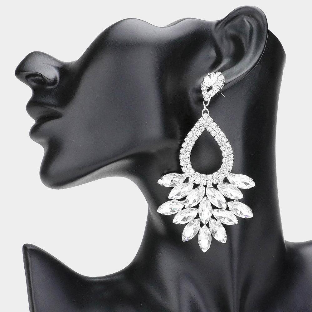 Silver Marquise Crystal Cluster Rhinestone Evening Dangle Earrings