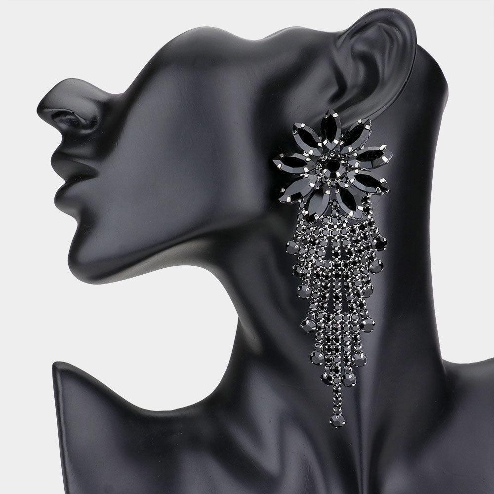 Black Flower Accented Rhinestone Evening Earrings - Jewelry Store by Erik Rayo