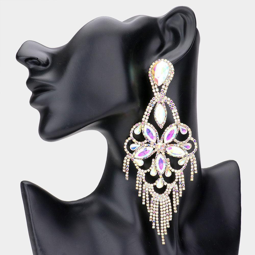 Gold Marquise Stone Flower Accented Chandelier Evening Earrings - Jewelry Store by Erik Rayo