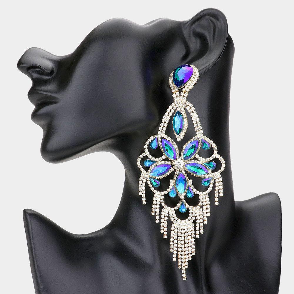 Blue Marquise Stone Flower Accented Chandelier Evening Earrings