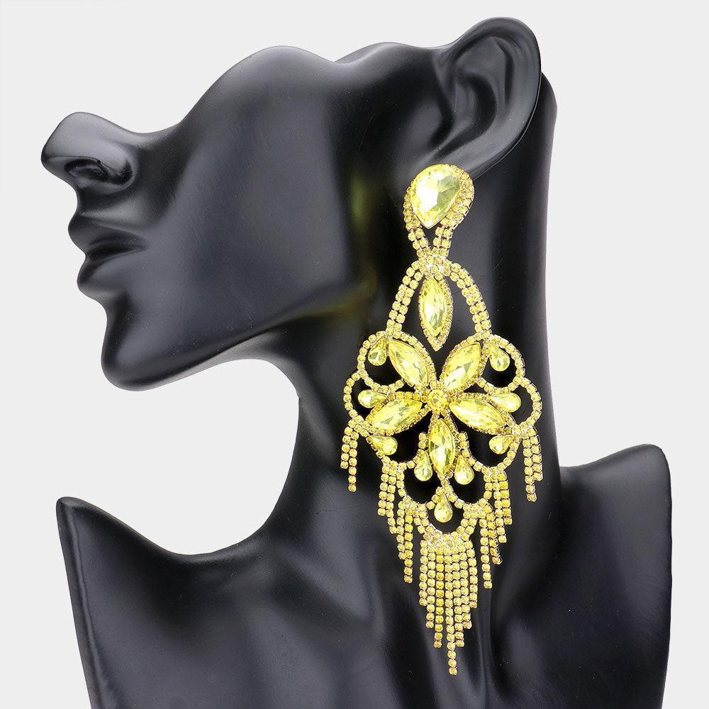 Yellow Marquise Stone Flower Accented Chandelier Evening Earrings - Jewelry Store by Erik Rayo