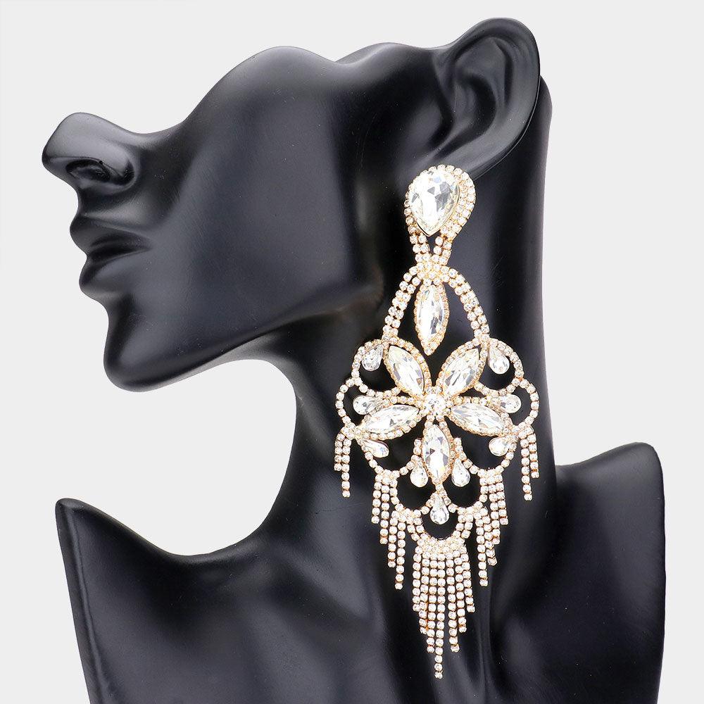 Gold Marquise Stone Flower Accented Chandelier Evening Earrings