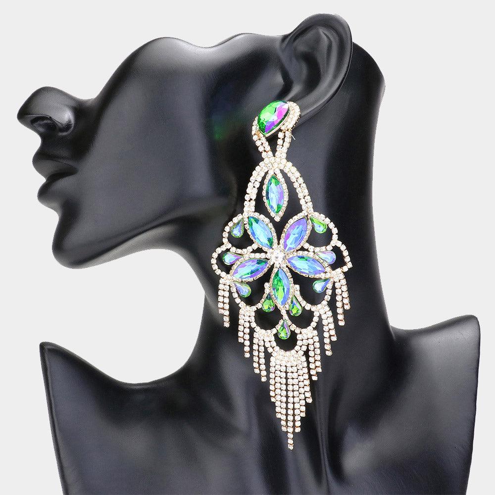 Green Marquise Stone Flower Accented Chandelier Evening Earrings