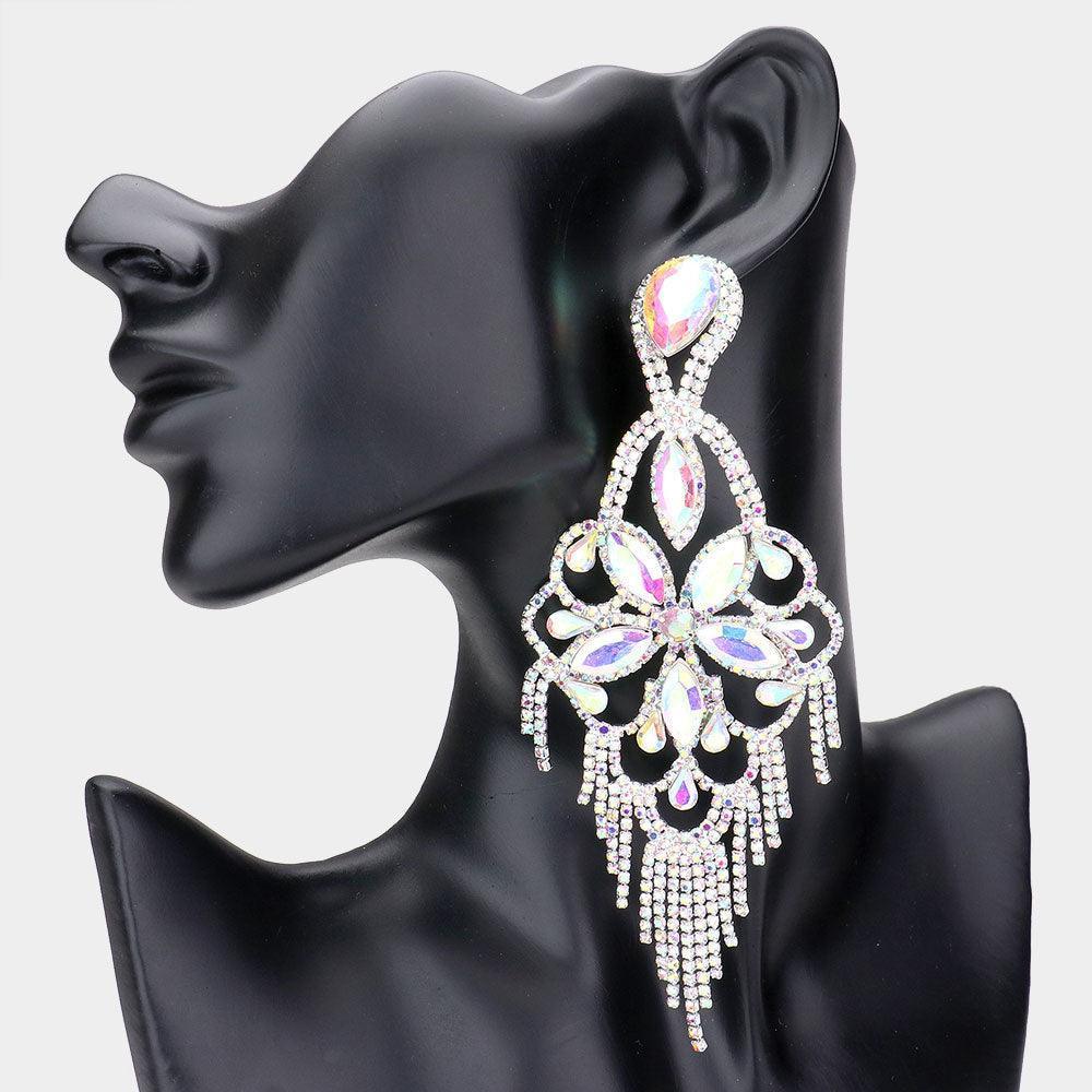 Silver Marquise Stone Flower Accented Chandelier Evening Earrings - Jewelry Store by Erik Rayo