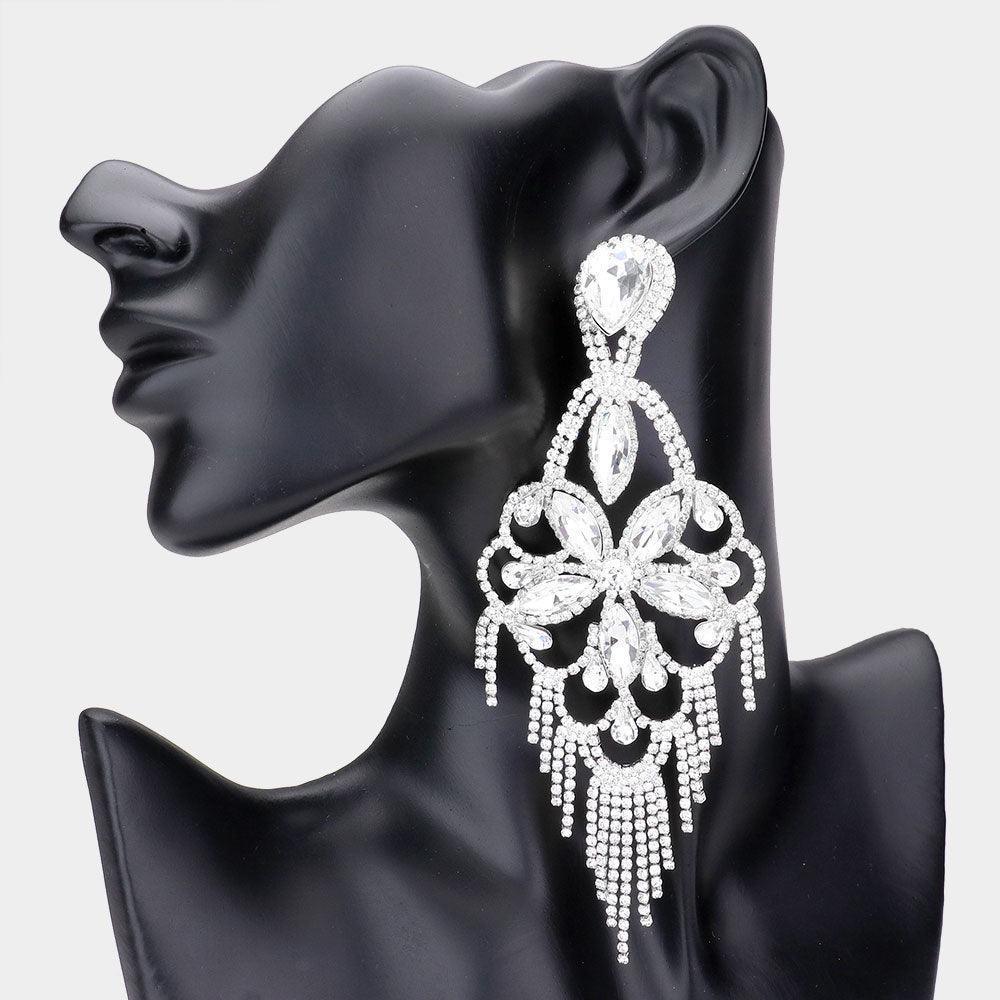Silver Marquise Stone Flower Accented Chandelier Evening Earrings - Jewelry Store by Erik Rayo