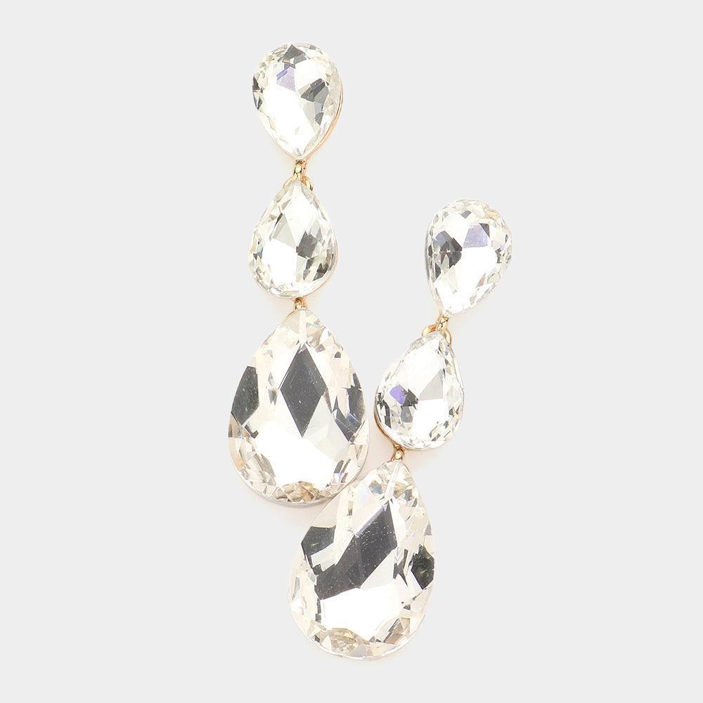 Gold Triple Glass Crystal Teardrop Evening Earrings