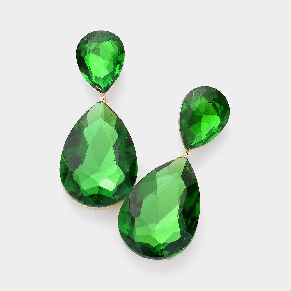 Green Glass Crystal Teardrop Evening Earrings