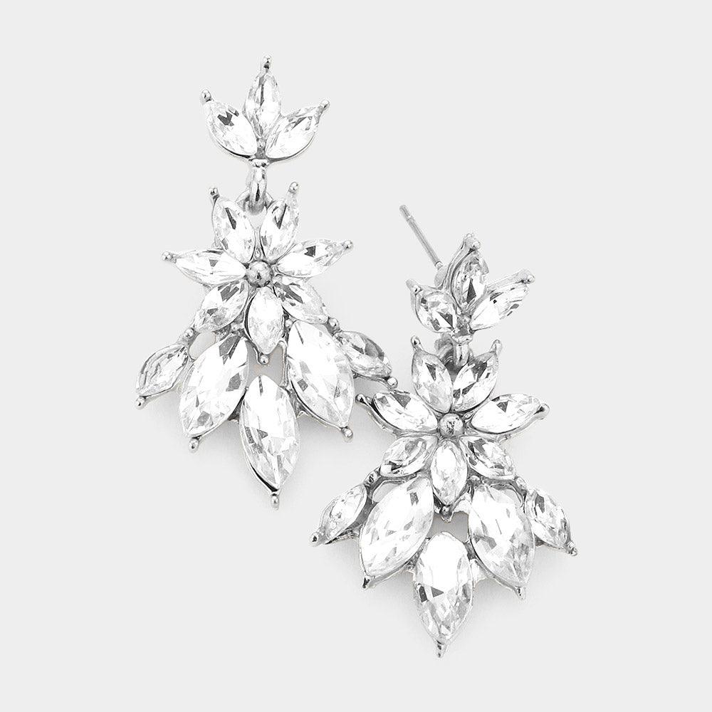 Silver Marquise Stone Cluster Dangle Evening Earrings