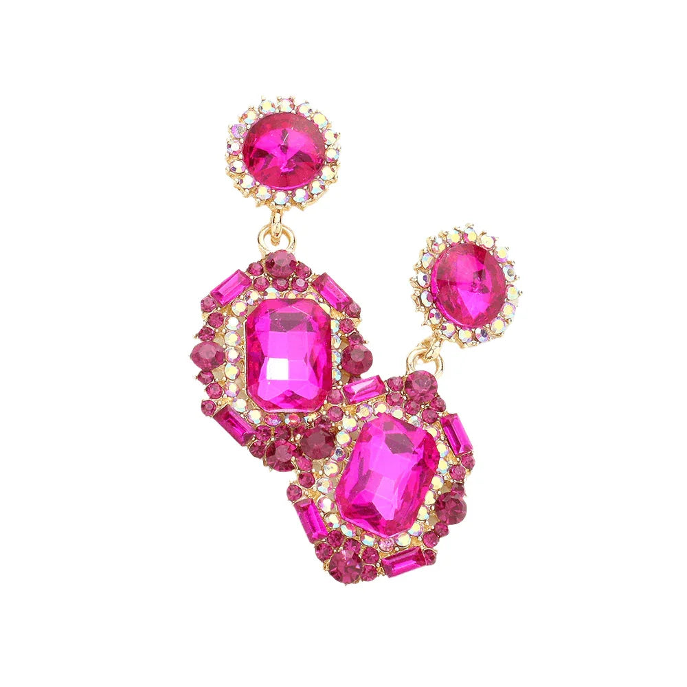 Fuchsia Emerald Cut Crystal Evening Earrings - Jewelry Store by Erik Rayo