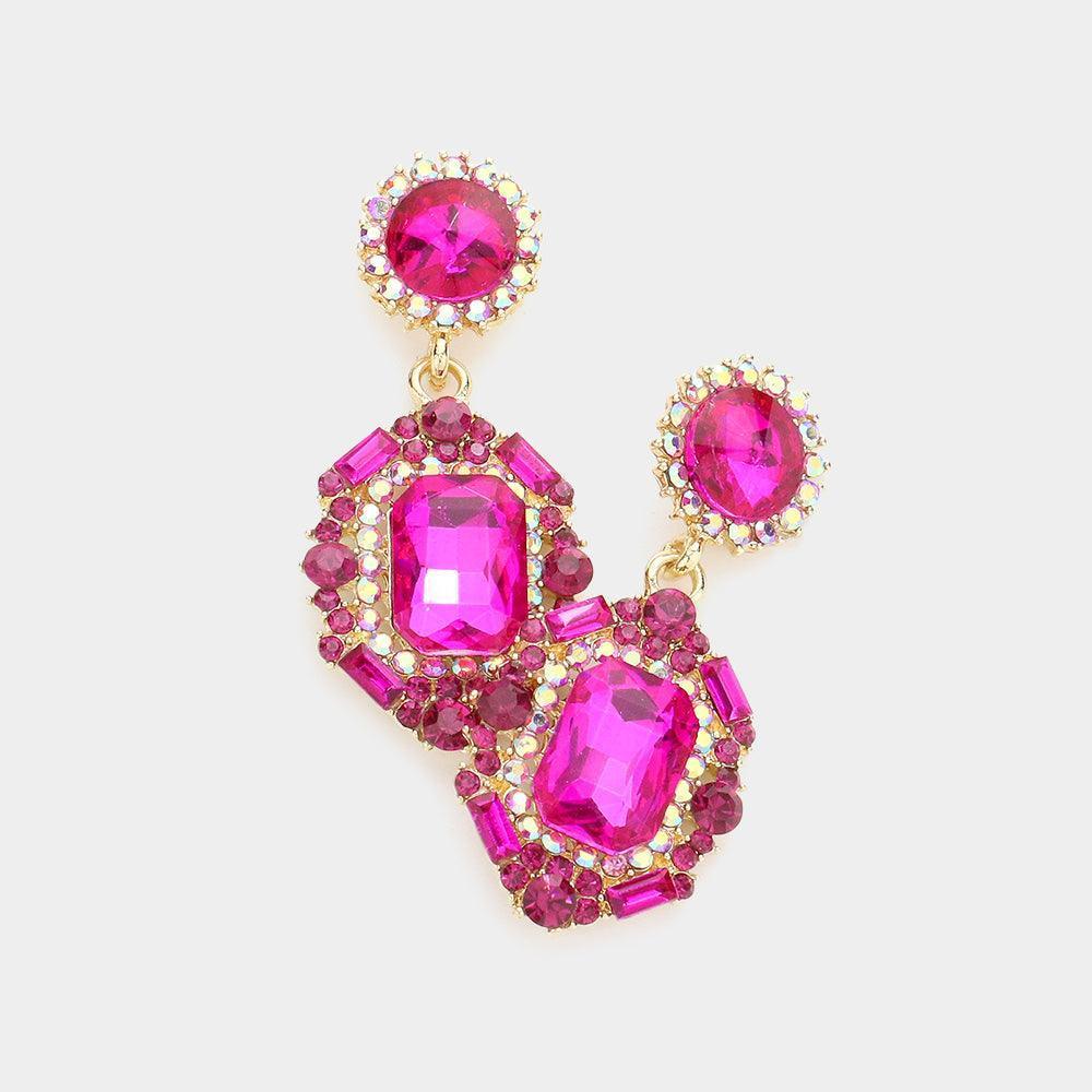 Fuchsia Emerald Cut Crystal Evening Earrings - Jewelry Store by Erik Rayo