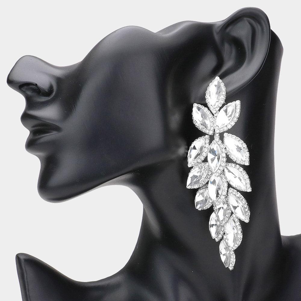 Silver Marquise Stone Cluster Vine Dangle Evening Earrings