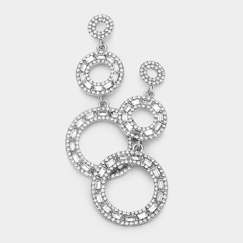 Silver Rectangle Stone Pointed Triple Open Circle Link Dangle Evening Earrings