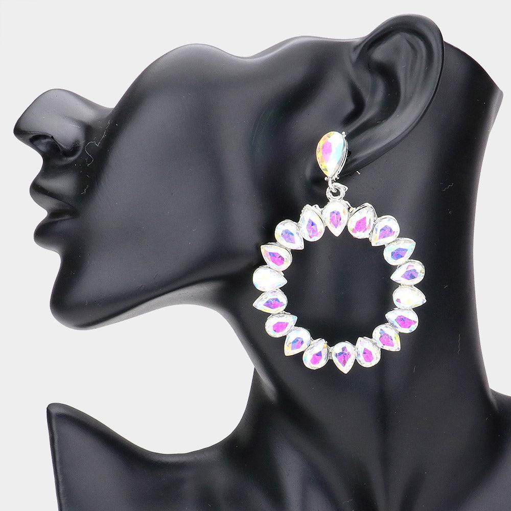 Silver Teardrop Stone Cluster Open Circle Dangle Evening Earrings - Jewelry Store by Erik Rayo
