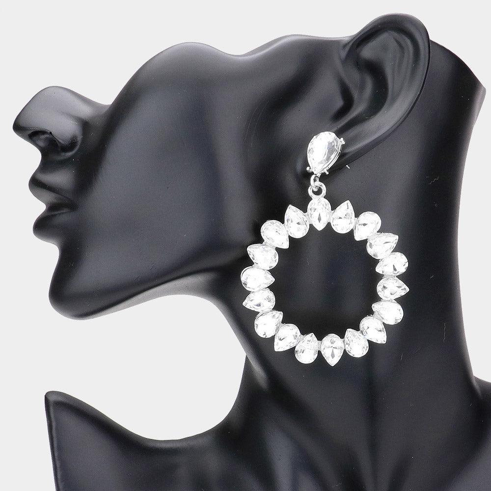 Silver Teardrop Stone Cluster Open Circle Dangle Evening Earrings - Jewelry Store by Erik Rayo
