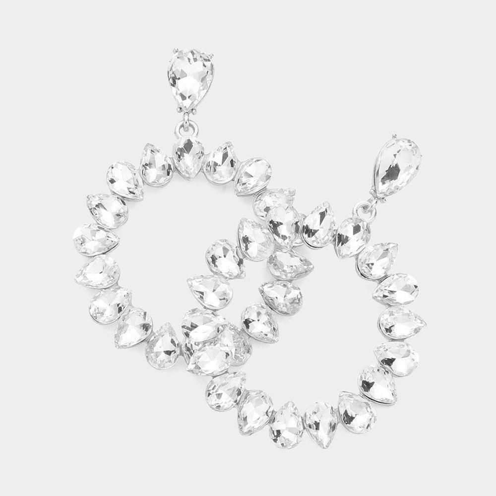 Silver Teardrop Stone Cluster Open Circle Dangle Evening Earrings - Jewelry Store by Erik Rayo