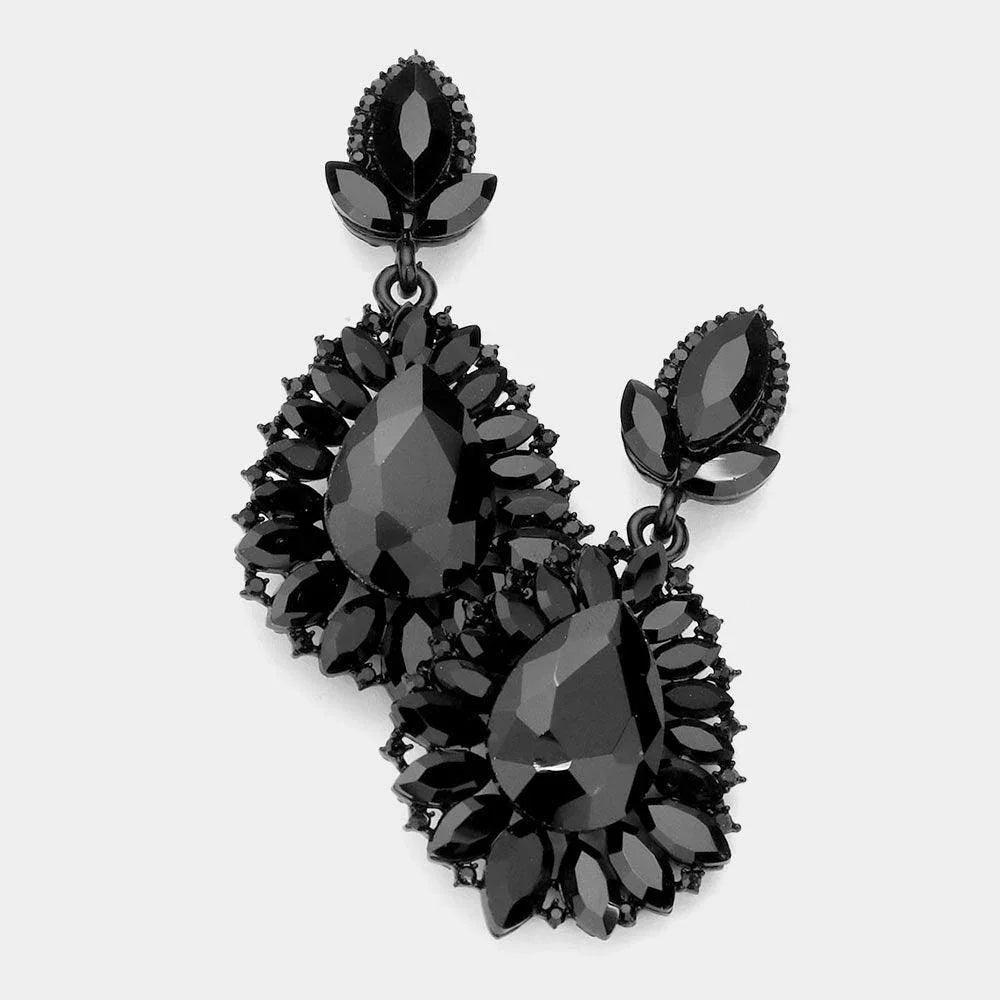 Black Teardrop Accented Marquise Stone Trimmed Dangle Evening Earrings - Jewelry Store by Erik Rayo