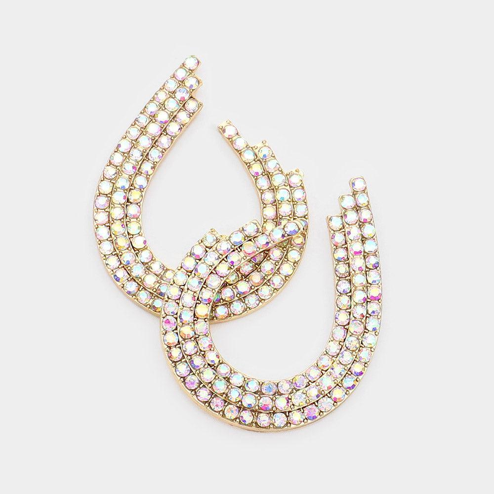 Gold Rhinestone Pave Open Teardrop Evening Earrings