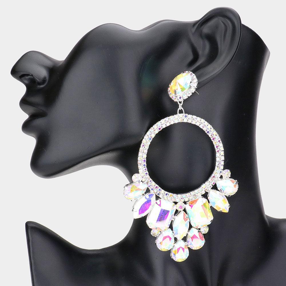 Silver Multi Stone Cluster Statement Evening Earrings