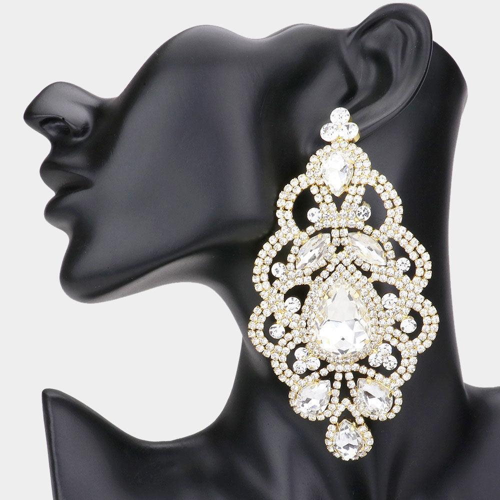 Gold Oversized Teardrop Crystal Accented Evening Earrings
