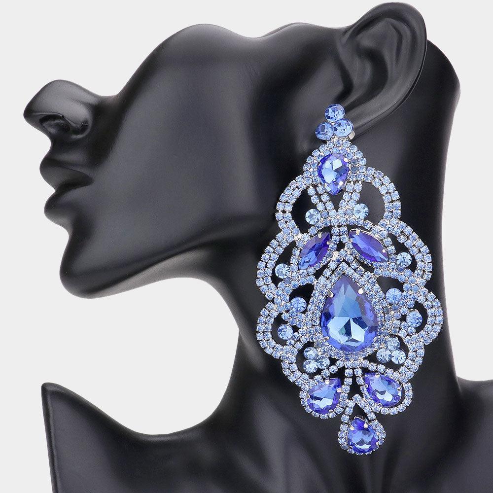 Blue Oversized Teardrop Crystal Accented Evening Earrings