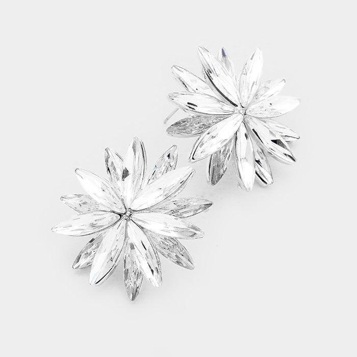Silver Flower Oval Stone Cluster Evening Earrings - Jewelry Store by Erik Rayo