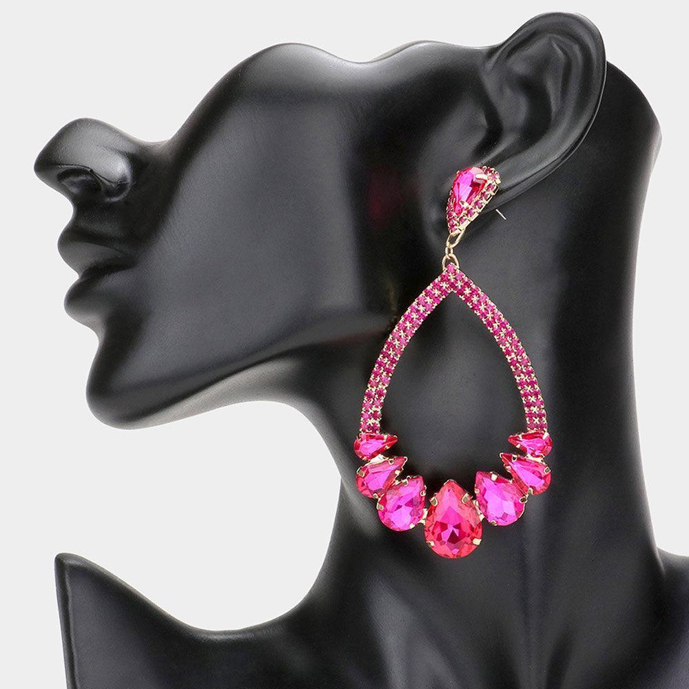 Fuchsia Teardrop Stone Accented Dangle Evening Earrings - Jewelry Store by Erik Rayo