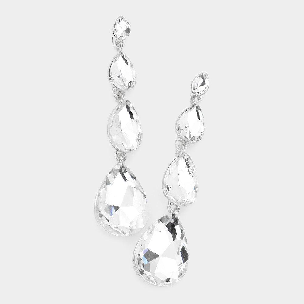 Silver Teardrop Stone Link Dangle Evening Earrings