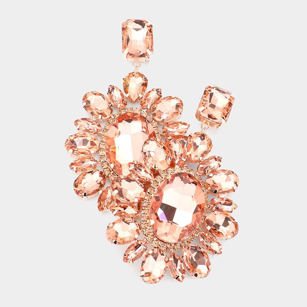 Rose Gold Oval Marquise Stone Cluster Dangle Evening Earrings