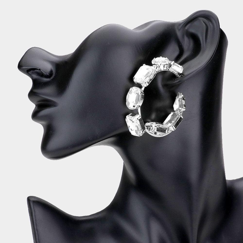 Silver Square Oval Stone Embellished Hoop Evening Earrings