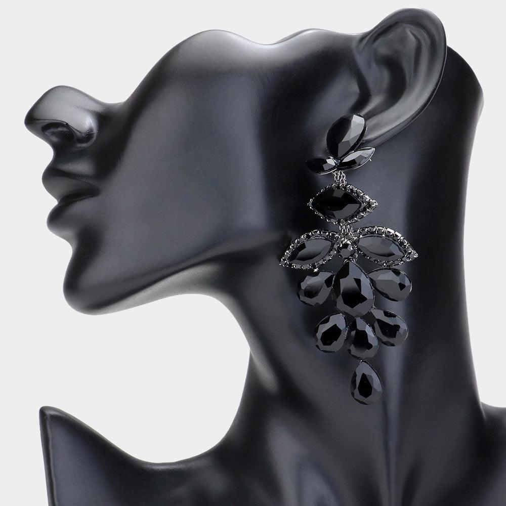 Black Teardrop Marquise Stone Cluster Chandelier Evening Earrings