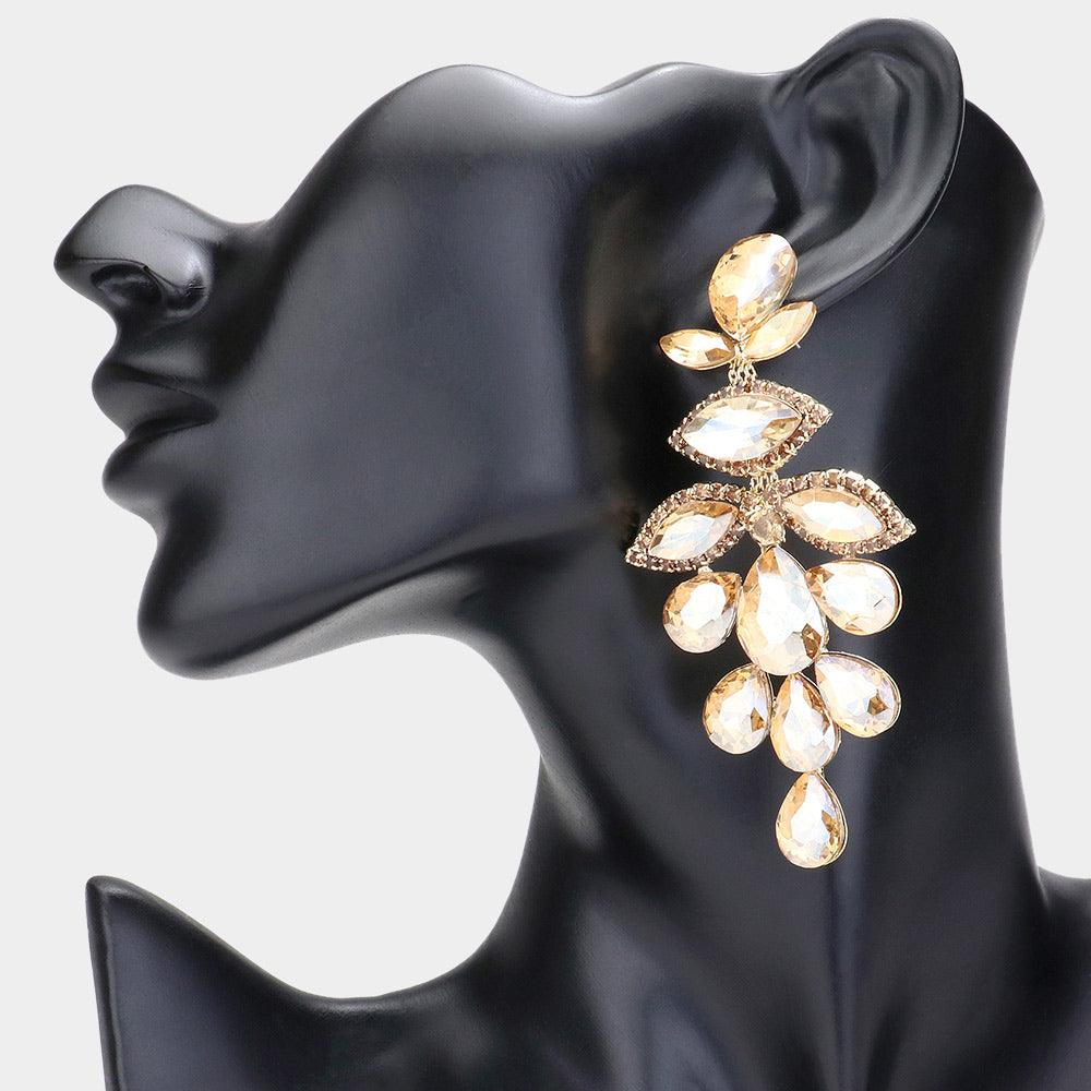 Gold Teardrop Marquise Stone Cluster Chandelier Evening Earrings