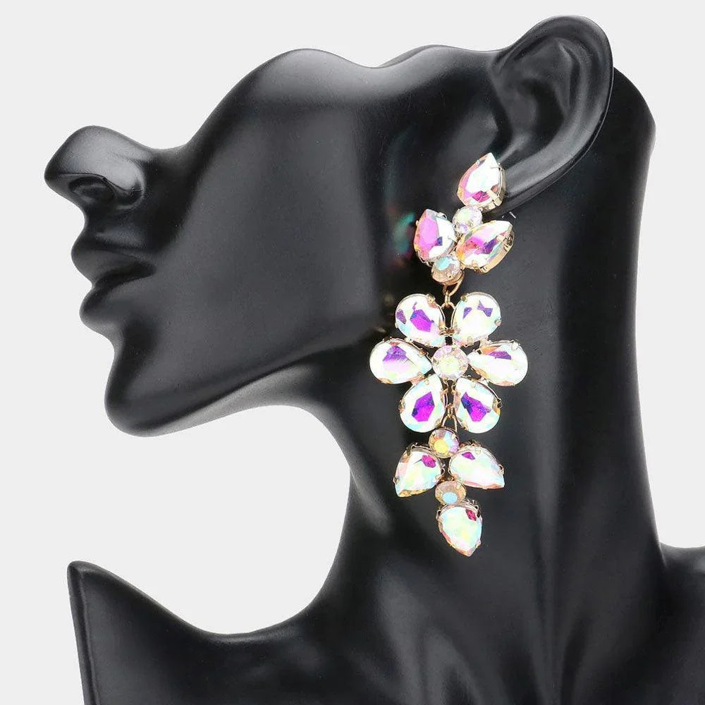 Gold Flower Glass Stone Cluster Accented Evening Earrings - Jewelry Store by Erik Rayo